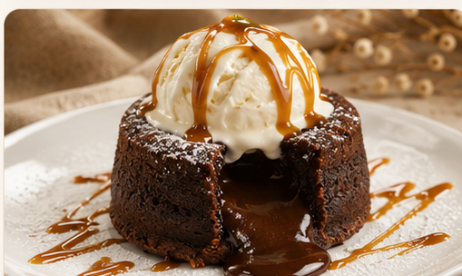 Aesthetic chocolate lava cake with vanilla ice cream